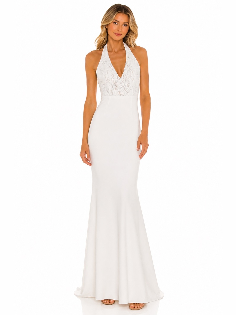 Lulus Ivory Lace Halter Maxi Dress Open Back Formal Bridal Wedding | Size S
